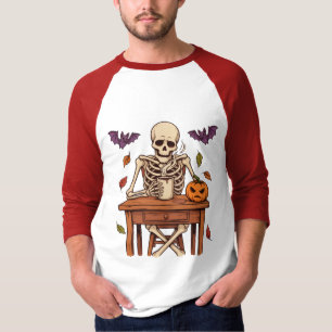 Camiseta Esqueleto Toma Café no Halloween Aconchegante