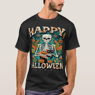 Camiseta Esqueleto Vintage de Halloween com Gato e Jack-O-L