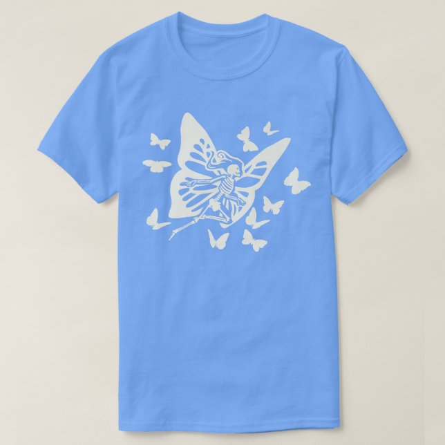 Camiseta Esqueleto Voador com Borboletas Gráfico  (Frente do Design)