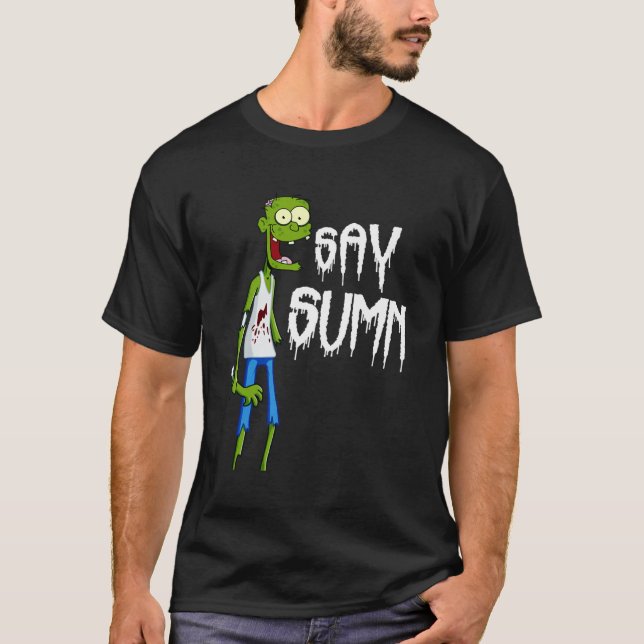 Camiseta Esqueleto Zombie Verde Engraçado - Diga Algo Com W (Frente)