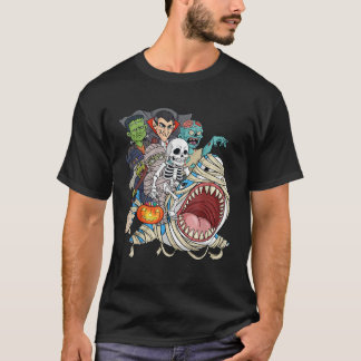 Camiseta Esqueleto Zumbi Montando Múmia Tubarão Vampiro Dia