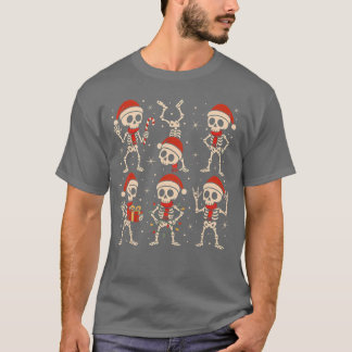 Camiseta Esqueletos Dançantes Chapéu de Papai Noel Natal Es