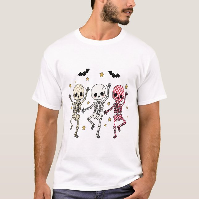 Camiseta Esqueletos Dançantes de Halloween Lindos (Frente)