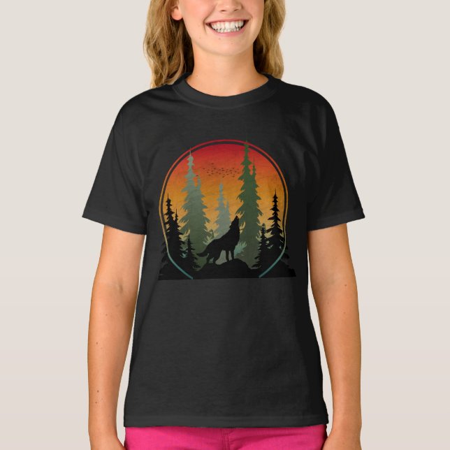 Camiseta Esquema da Natureza do Lobo Sunset (Frente)
