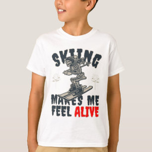 Camiseta Esqui Alpino Skeleton Sinto-me Vivo Esquiando