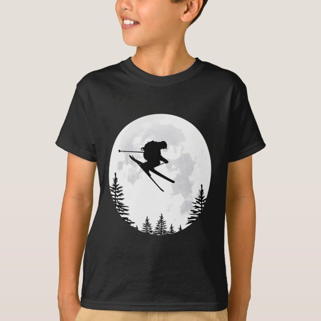 Camiseta Esqui - Esquiador Voando Pulando Sobre A Lua (Frente)
