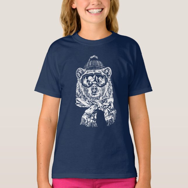 Camiseta Esqui Neve Viagem de Esqui Engraçado Urso de Esqui (Frente)