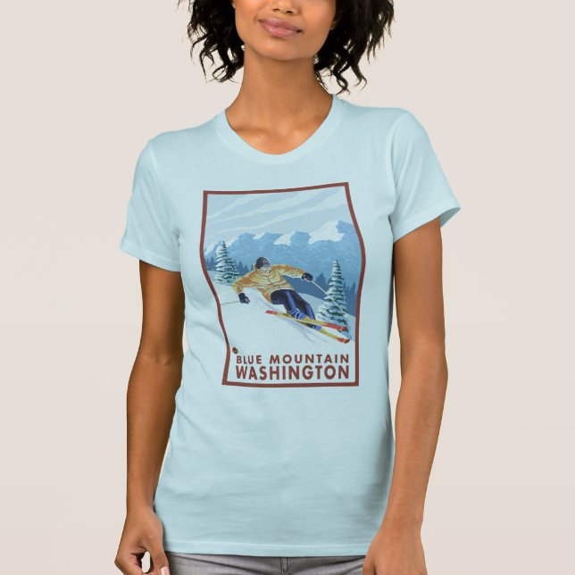 Camiseta Esquiador da neve de Downhhill - montanha azul, (Frente)