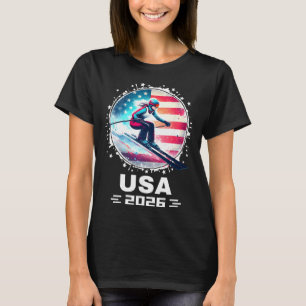 Camiseta Esquiadora Equipe Esqui EUA 2026 Esqui Bandeira Am