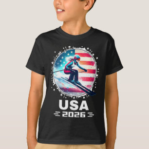 Camiseta Esquiadora Equipe Esqui EUA 2026 Esqui Bandeira Am