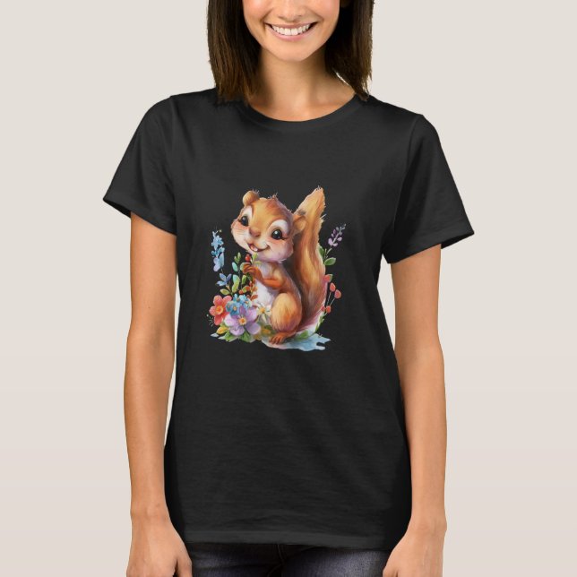 Camiseta esquilo com flores e esquilo giro (Frente)