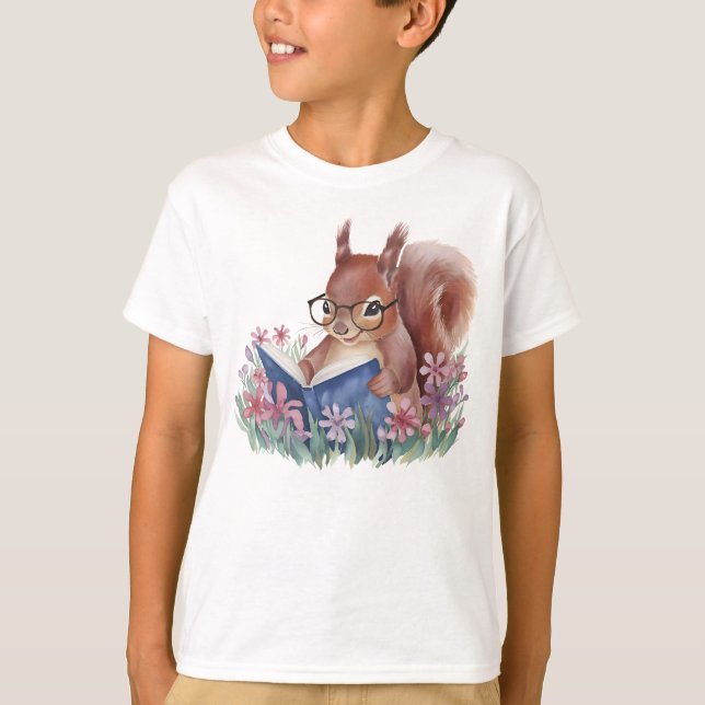 Camiseta Esquilo De Aquarela Lendo Um Livro (Frente)