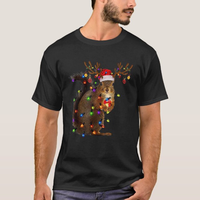 Camiseta Esquilo de Natal Engraçado Luz Teto Praça de Natal (Frente)