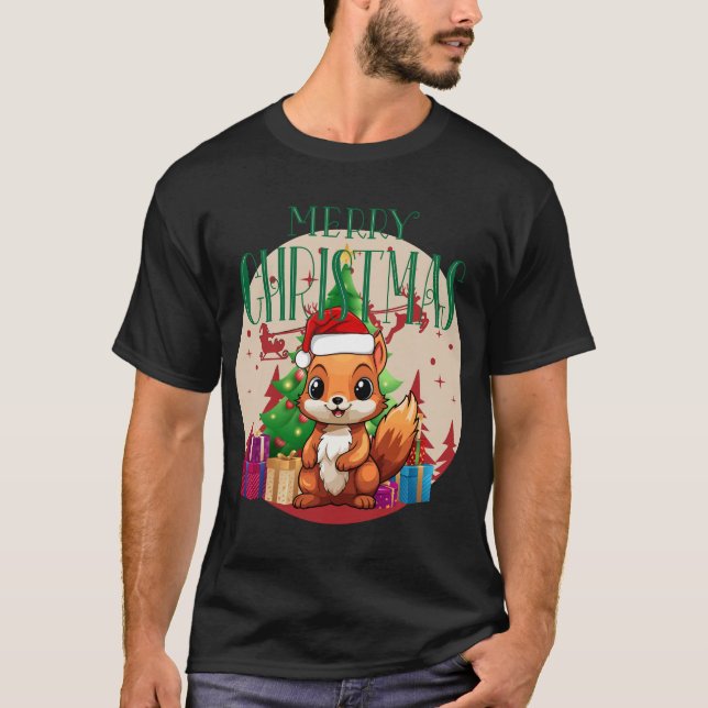 Camiseta Esquilo de sorriso festivo em Santa Hat (Frente)