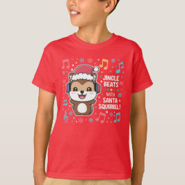 Camiseta Esquilo em Fones de ouvido e Santa Hat - Jingle Be