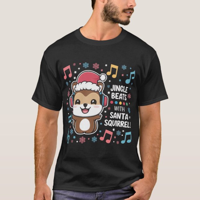 Camiseta Esquilo em Fones de ouvido e Santa Hat - Jingle Be (Frente)