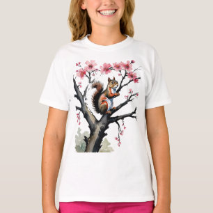 Camiseta Esquilo em uma árvore de flor de cerejeira rosa