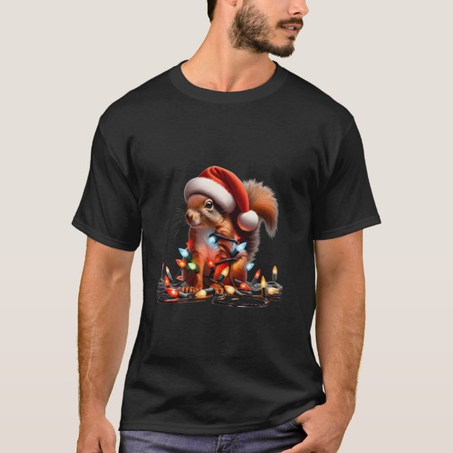 Camiseta Esquilo Engraçado Com Xmas Luzes Santa Hat Christm (Frente)