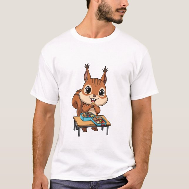 Camiseta Esquilo Feliz e Fofo Comendo Almoço de Caixas Bent (Frente)