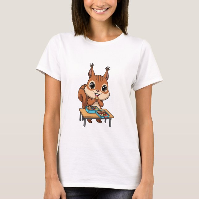 Camiseta Esquilo Feliz e Fofo Comendo Almoço de Caixas Bent (Frente)