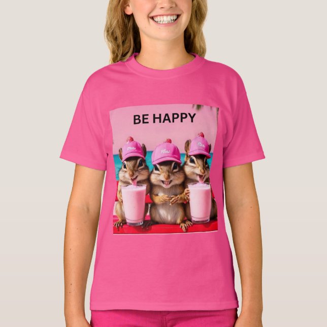 Camiseta Esquilos felizes milkshakes de morango rosa (Frente)