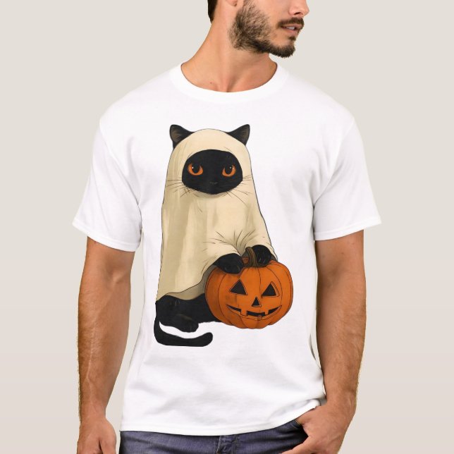 Camiseta essencial de fantasma de gato preto com a (Frente)