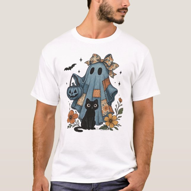 Camiseta Essencial de Gato Preto Fantasma de Patch (Frente)