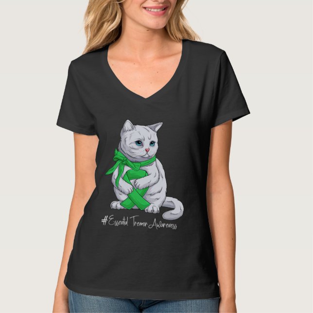 Camiseta Essential Tremor Awareness Month Green Ribbon Cat (Frente)