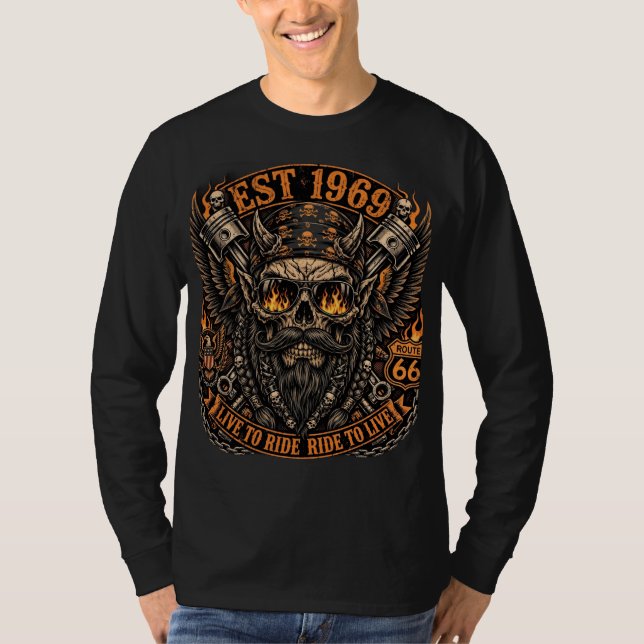 Camiseta Est 1969 Motoqueiro de Caveira Barbuda (Frente)