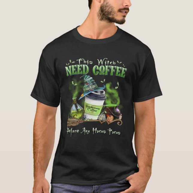 Camiseta Esta Bruxa Precisa De Café Antes De Qualquer Hocus (Frente)