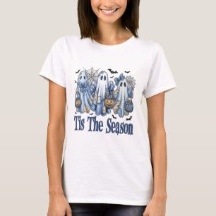 Camiseta Esta É A Época Blue Patchwork Ghost Pumpkin Spooky