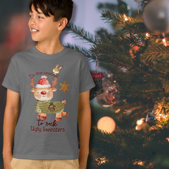 Camiseta Esta é a temporada para Rock Ugly Sweater Reindeer (Tis the Season to Rock Ugly Sweaters Reindeer )