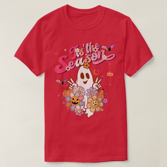 Camiseta Esta é a temporada Pumpkin Boo 60s 70s Hippie Hall (Frente do Design)