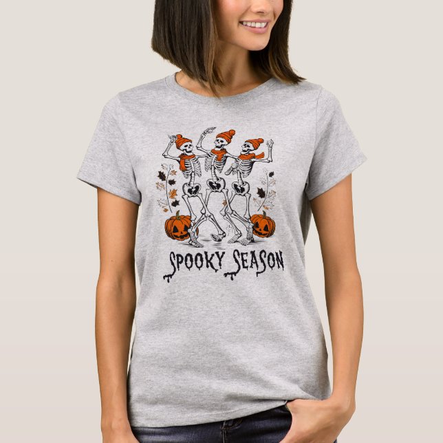 Camiseta Estação Spooky, dança de esqueleto de Halloween (Frente)