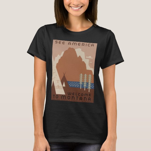 Camiseta Estado de Montana: Tribos Indianas, Montanhas, Pra (Frente)