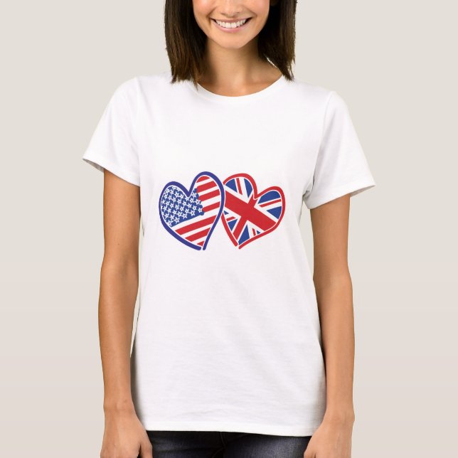 Camiseta Estados Unidos e Reino Unido Flag Hearts (Frente)
