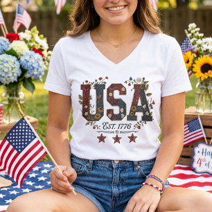 Camiseta Estados Unidos Est 1776 Floral Patriótico 250 Anos