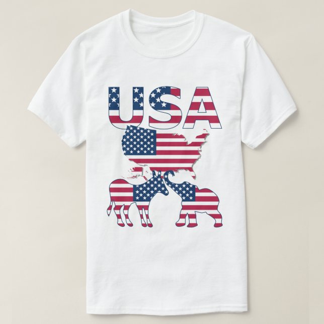 Camiseta Estados Unidos Mapeiam Elefante Donkey sobre a Ele (Frente do Design)