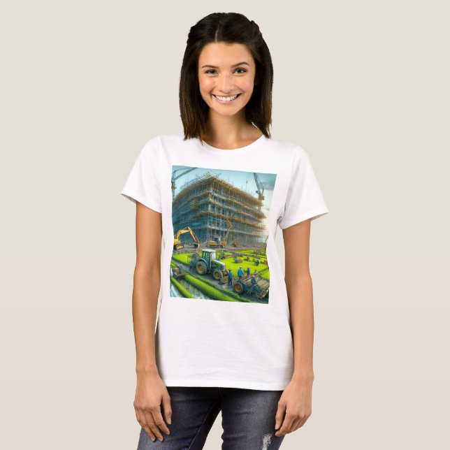 Camiseta estaleiro com uma grua e um edifício (Frente Completa)