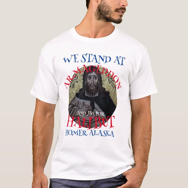 CAMISETA ESTAMOS EM ARMAGEDDON E JIG PARA HALIBUT (Frente)