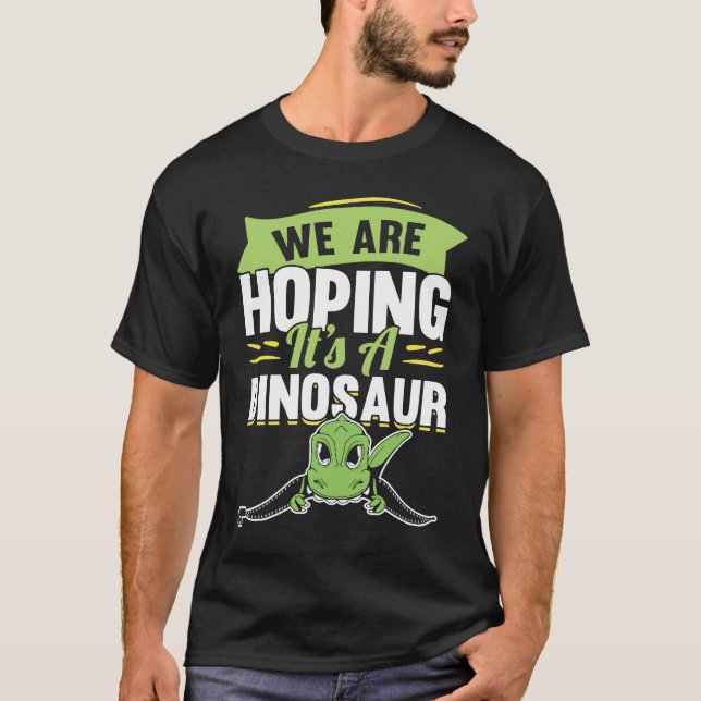 Camiseta Estamos esperando um anúncio de gravidez do dinoss (Frente)