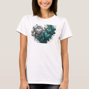 Camiseta Estampa Corações em TEAL PRATA E TEAL Limpo