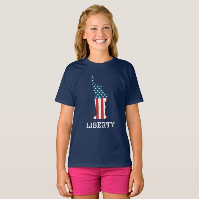 Camiseta Estátua Americana Patriótica das Estrelas da Liber (Frente Completa)