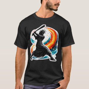 Camiseta Estátua da Liberdade Balançando Taco de Beisebol A