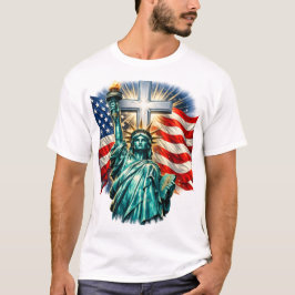 Camiseta Estátua da Liberdade com Bandeiras e Cruz