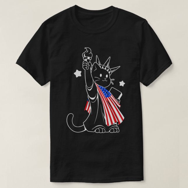 Camiseta Estátua da Liberdade da Bandeira Americana Cat por (Frente do Design)