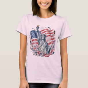 Camiseta Estátua da Liberdade em Aquarela Floral Bandeira A