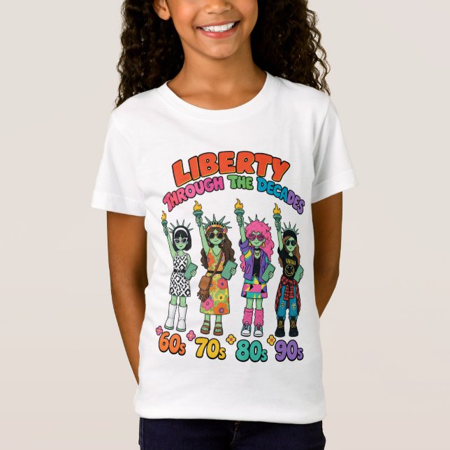 Camiseta Estátua da Liberdade Moda Retro Através de 4 Décad (Frente)