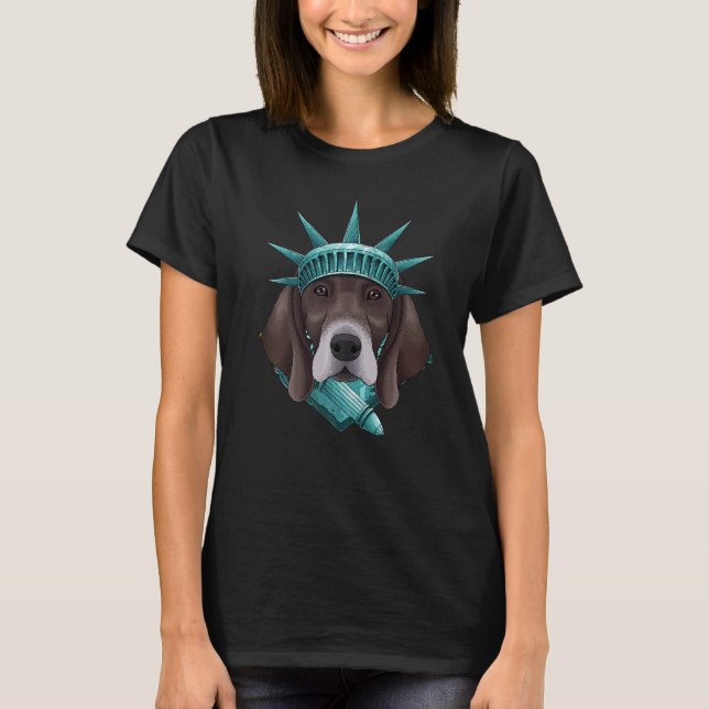 Camiseta Estátua Da Liberdade Pointer 4 De Julho Cão EUA Am (Frente)