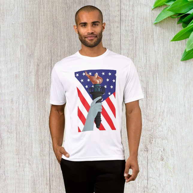 Camiseta Estátua da Tocha da Liberdade com Bandeira America (Criador carregado)